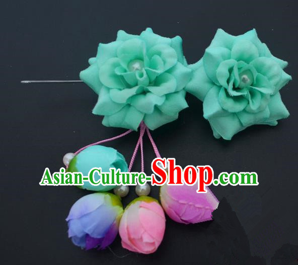 Traditional Handmade Chinese Classical Peking Opera Young Lady Hua Tan Hair Accessories Green Temples Flowers, China Beijing Opera Diva Princess Headwear Tassel Hairpins