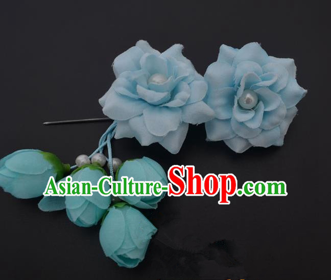 Traditional Handmade Chinese Classical Peking Opera Young Lady Hua Tan Hair Accessories Light Blue Temples Flowers, China Beijing Opera Diva Princess Headwear Tassel Hairpins