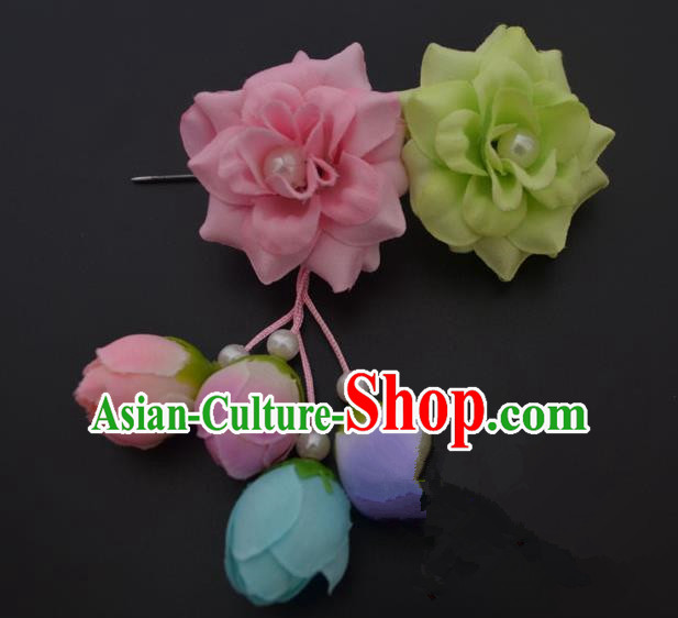 Traditional Handmade Chinese Classical Peking Opera Young Lady Hua Tan Hair Accessories Pink and Green Temples Flowers, China Beijing Opera Diva Princess Headwear Tassel Hairpins