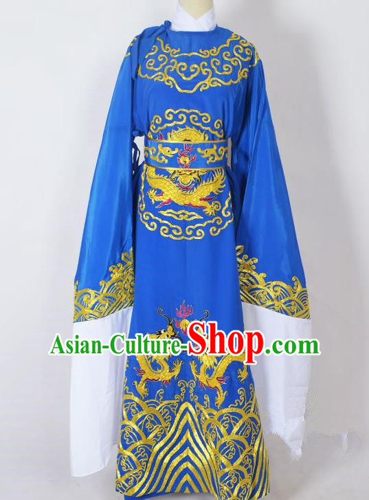 Traditional Chinese Professional Peking Opera Old Men Costume Blue Embroidery Robe, China Beijing Opera Niche Emperor Embroidered Robe Clothing