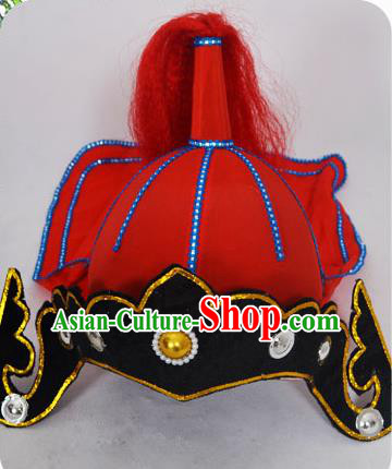 Traditional Handmade Chinese Classical Peking Opera Blues Accessories Red Hat, China Beijing Opera Swordplay Warriors Headwear