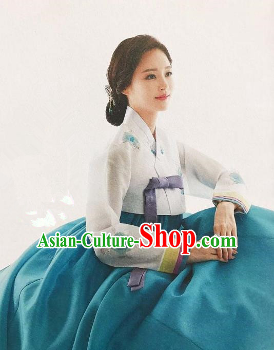 Traditional Korean Handmade Embroidery Bride Hanbok Green Dress, Top Grade Korea Hanbok Wedding Costume for Women