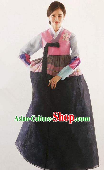 Traditional Korean Handmade Embroidery Bride Hanbok Black Dress, Top Grade Korea Hanbok Wedding Costume for Women