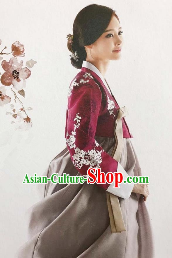 Traditional Korean Handmade Embroidery Bride Hanbok Red Full Dress, Top Grade Korea Hanbok Wedding Costume for Women