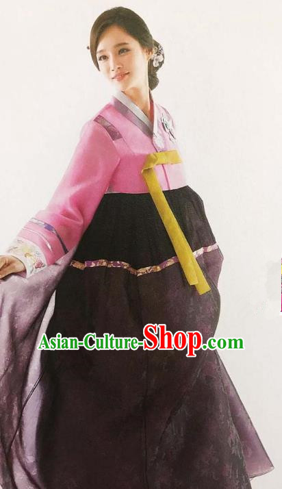 Traditional Korean Handmade Embroidery Bride Hanbok Pink Full Dress, Top Grade Korea Hanbok Wedding Costume Complete Set for Women