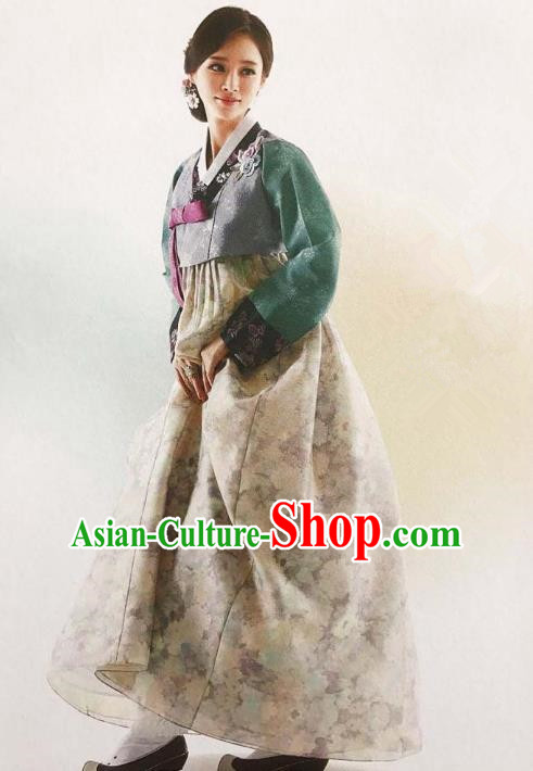 Traditional Korean Handmade Embroidery Bride Hanbok Printing Beige Full Dress, Top Grade Korea Hanbok Wedding Costume Complete Set for Women