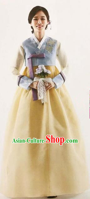 Traditional Korean Handmade Embroidery Bride Hanbok Yellow Full Dress, Top Grade Korea Hanbok Wedding Costume Complete Set for Women
