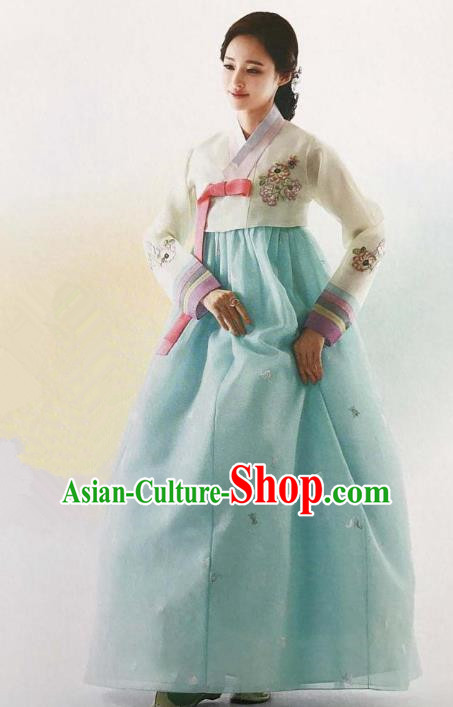 Traditional Korean Handmade Embroidery Bride Hanbok Blue Full Dress, Top Grade Korea Hanbok Wedding Costume Complete Set for Women