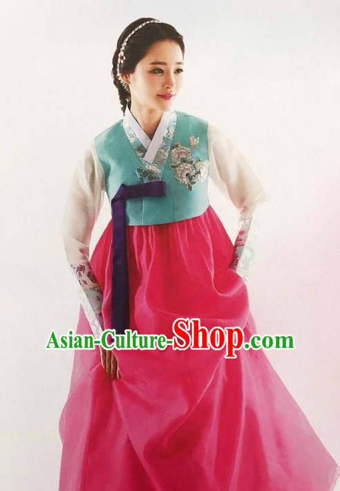 Traditional Korean Handmade Embroidery Bride Hanbok Rosy Full Dress, Top Grade Korea Hanbok Wedding Costume Complete Set for Women