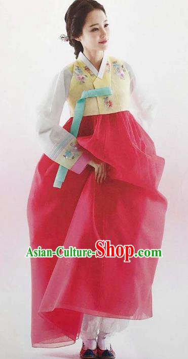 Traditional Korean Handmade Embroidery Bride Hanbok Rosy Full Dress, Top Grade Korea Hanbok Wedding Costume Complete Set for Women