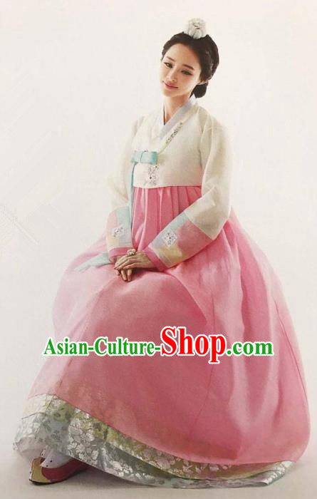 Traditional South Korean Handmade Embroidery Bride Hanbok Beige Blouse Full Dress, Top Grade Korea Hanbok Wedding Costume Complete Set for Women