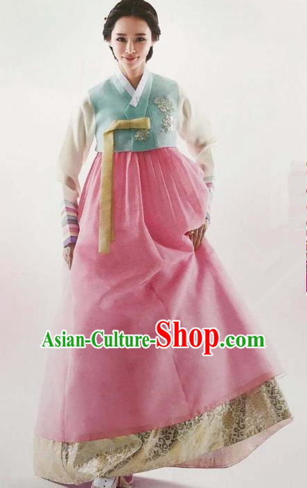 Traditional South Korean Handmade Embroidery Bride Hanbok Blue Blouse Full Dress, Top Grade Korea Hanbok Wedding Costume Complete Set for Women