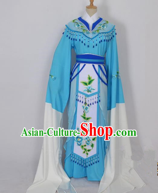 Traditional Chinese Professional Peking Opera Diva Young Lady Princess Water Sleeve Costume Blue Embroidery Dress, China Beijing Opera Hua Tan Embroidered Clothing