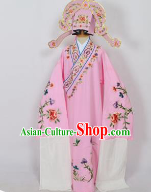 Traditional Chinese Professional Peking Opera Young Men Niche Costume Pink Embroidery Robe and Hat, China Beijing Opera Nobility Childe Scholar Embroidered Clothing