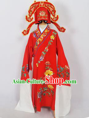 Traditional Chinese Professional Peking Opera Young Men Niche Costume Red Embroidery Robe and Hat, China Beijing Opera Nobility Childe Scholar Embroidered Clothing