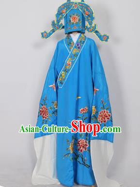 Traditional Chinese Professional Peking Opera Young Men Niche Costume Blue Embroidery Robe and Hat, China Beijing Opera Nobility Childe Scholar Embroidered Clothing