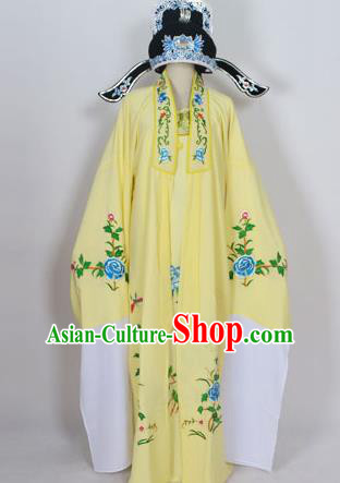 Traditional Chinese Professional Peking Opera Young Men Niche Costume Deep Yellow Embroidery Robe and Hat, China Beijing Opera Nobility Childe Scholar Embroidered Clothing