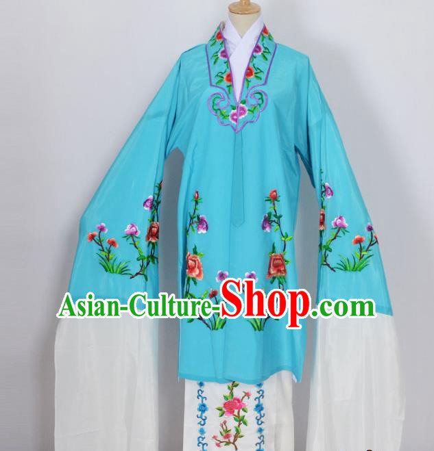 Traditional Chinese Professional Peking Opera Young Lady Costume Blue Embroidery Mantel, China Beijing Opera Diva Hua Tan Embroidered Dress Clothing