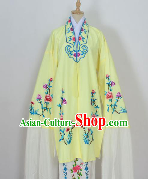 Traditional Chinese Professional Peking Opera Young Lady Costume Light Yellow Embroidery Mantel, China Beijing Opera Diva Hua Tan Embroidered Dress Clothing