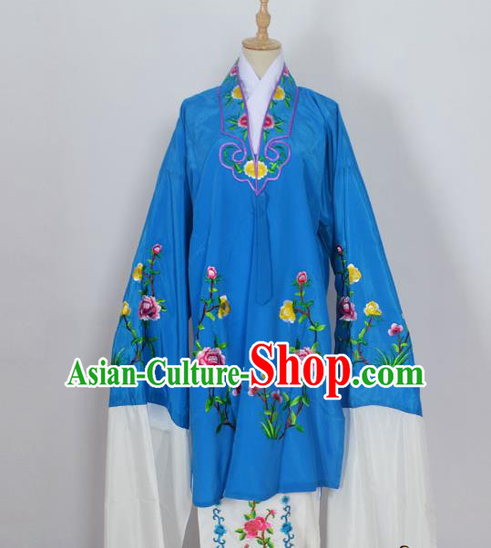 Traditional Chinese Professional Peking Opera Young Lady Costume Blue Embroidery Mantel, China Beijing Opera Diva Hua Tan Embroidered Dress Clothing