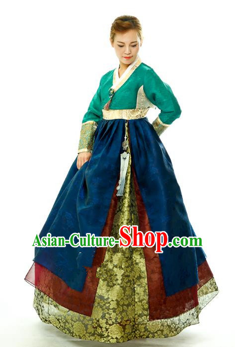 Traditional South Korean Handmade Embroidery Hanbok Peacock Green Full Dress, Top Grade Korea Mother Hanbok Costume Complete Set for Women