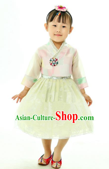 Traditional South Korean Handmade Embroidery Hanbok Children Birthday Green Full Dress, Top Grade Korea Hanbok Costume Complete Set for Kids