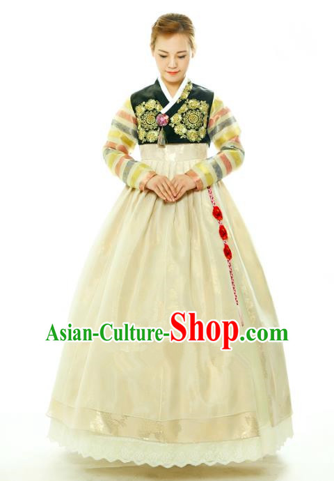 Traditional South Korean Handmade Hanbok Embroidery Yellow Wedding Full Dress, Top Grade Korea Hanbok Bride Costume Complete Set for Women