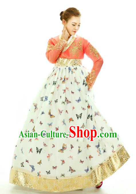 Traditional South Korean Handmade Hanbok Embroidery Printing Butterfly Wedding Full Dress, Top Grade Korea Hanbok Bride Costume Complete Set for Women