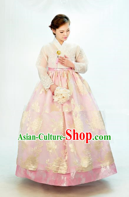 Traditional South Korean Handmade Hanbok Embroidery Bride Wedding Palace Satin Dress, Top Grade Korea Hanbok Costume Complete Set for Women