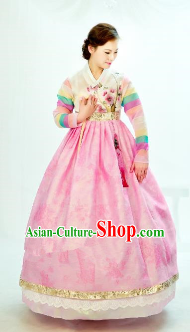 Traditional South Korean Handmade Hanbok Embroidery Bride Wedding Palace Princess Pink Satin Dress, Top Grade Korea Hanbok Costume Complete Set for Women