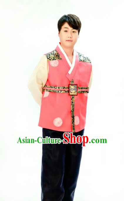 Traditional South Korean Handmade Hanbok Embroidery Bridegroom Wedding Pink Clothing, Top Grade Korea Hanbok Costume Complete Set for Men