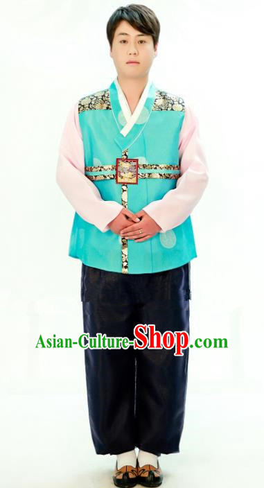 Traditional South Korean Handmade Hanbok Embroidery Bridegroom Wedding Green Clothing, Top Grade Korea Hanbok Costume Complete Set for Men