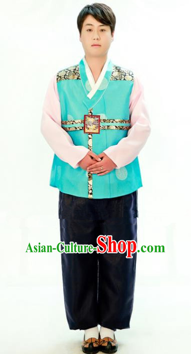 Traditional South Korean Handmade Hanbok Embroidery Bridegroom Wedding Green Clothing, Top Grade Korea Hanbok Costume Complete Set for Men