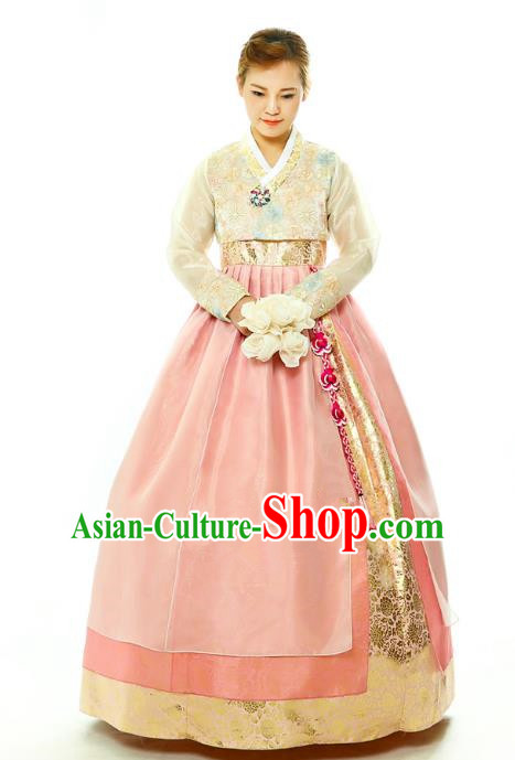 Traditional South Korean Handmade Hanbok Embroidery Bride Wedding Pink Dress, Top Grade Korea Hanbok Palace Lady Costume Complete Set for Women