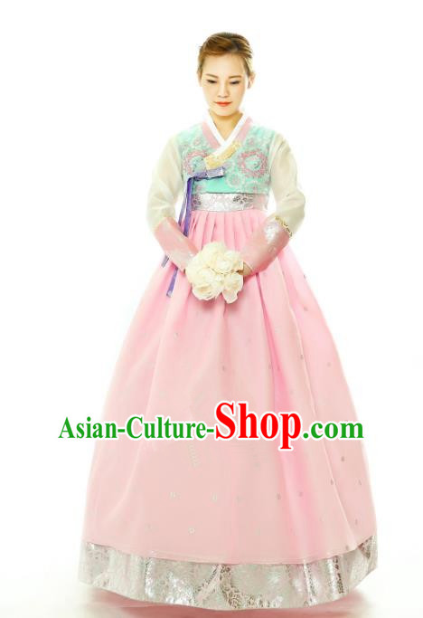 Traditional South Korean Handmade Hanbok Embroidery Pink Wedding Full Dress, Top Grade Korea Hanbok Bride Costume Complete Set for Women