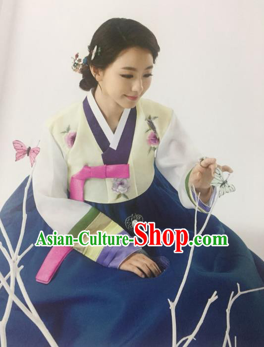 Traditional South Korean Handmade Mother Hanbok Customization Clothing Embroidery Blue Dress, Top Grade Korea Wedding Royal Hanbok Costume for Women