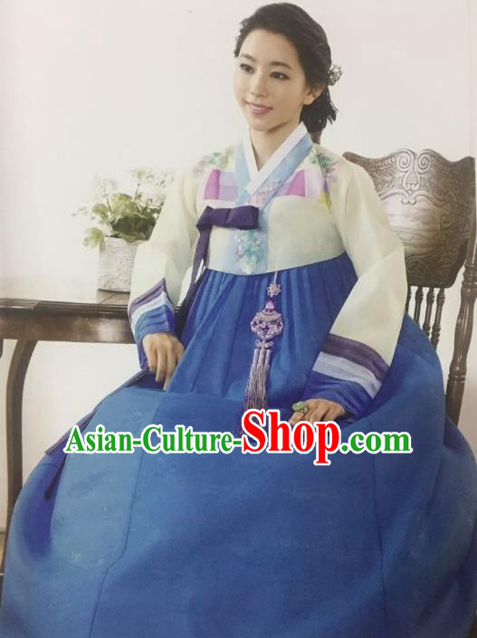 Traditional South Korean Handmade Bride Hanbok Customization Clothing Embroidery Blue Dress, Top Grade Korea Wedding Royal Hanbok Costume for Women