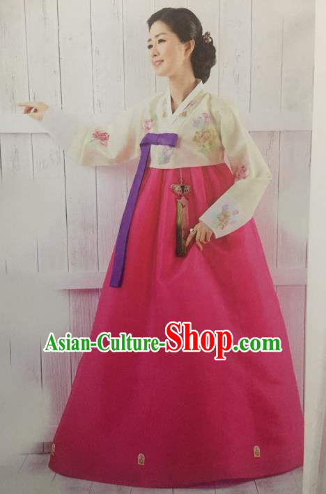 Traditional South Korean Handmade Hanbok Customization Mother Clothing Embroidery Rosy Dress, Top Grade Korea Wedding Royal Hanbok Costume for Women