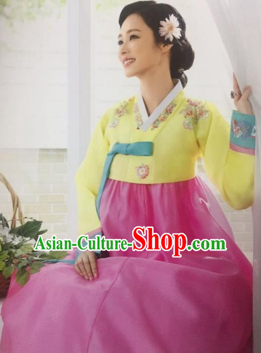 Traditional South Korean Handmade Hanbok Customization Mother Clothing Embroidery Blouse Pink Dress, Top Grade Korea Wedding Royal Hanbok Costume for Women