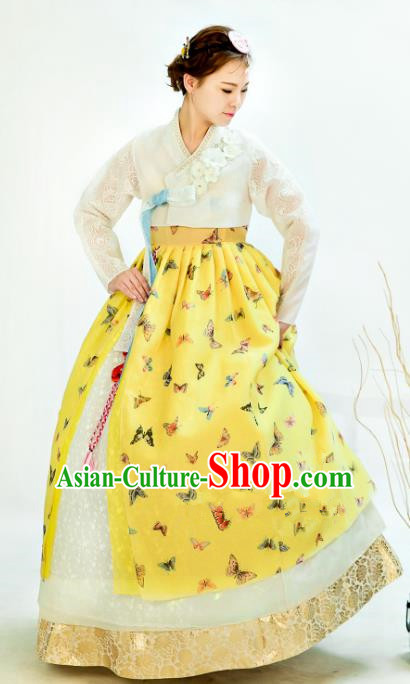 Traditional South Korean Handmade Hanbok Customization Bride Clothing Embroidery Blouse Yellow Dress, Top Grade Korea Wedding Royal Hanbok Costume for Women