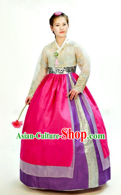 Traditional South Korean Handmade Hanbok Customization Mother Clothing Embroidery Blouse Rosy Dress, Top Grade Korea Wedding Royal Hanbok Costume for Women