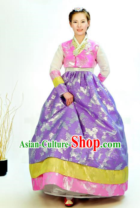 Traditional South Korean Handmade Hanbok Customization Mother Clothing Embroidery Blouse Purple Dress, Top Grade Korea Wedding Royal Hanbok Costume for Women