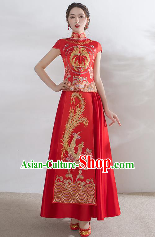 Traditional Ancient Chinese Wedding Costume Embroidery Short Sleeve Xiuhe Suits, Chinese Style Wedding Dress Red Restoring Longfeng Dragon and Phoenix Flown Bride Toast Cheongsam for Women