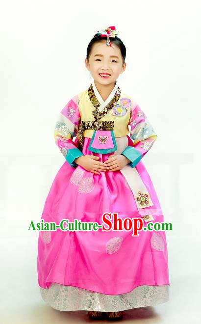 Traditional South Korean Handmade Hanbok Children Embroidery Birthday Pink Dress, Top Grade Korea Hanbok Costume Complete Set for Kids