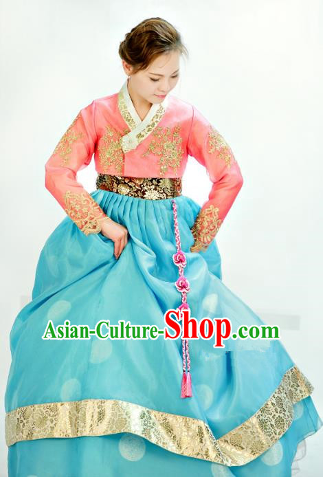 Traditional South Korean Handmade Mother Hanbok Customization Clothing Embroidery Blue Dress, Top Grade Korea Royal Hanbok Costume for Women