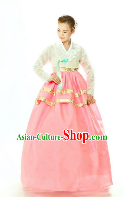 Traditional South Korean Handmade Hanbok Embroidery Pink Wedding Full Dress, Top Grade Korea Hanbok Bride Costume Complete Set for Women