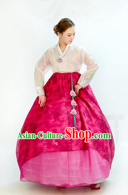 Traditional South Korean Handmade Hanbok Embroidery Wedding Rosy Dress, Top Grade Korea Hanbok Bride Costume Complete Set for Women