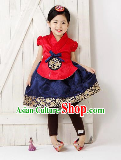 Traditional South Korean Handmade Hanbok Children Navy Birthday Dress, Top Grade Korea Hanbok Costume Complete Set for Kids