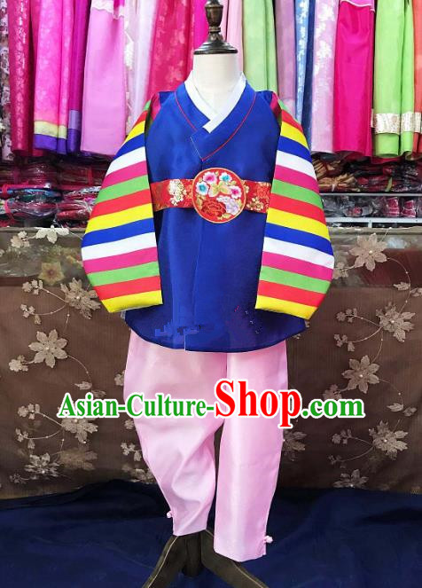 Traditional South Korean Handmade Hanbok Children Navy Birthday Clothing, Top Grade Korea Hanbok Costume Complete Set for Boys