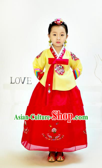 Traditional South Korean Handmade Hanbok Children Birthday Yellow Blouse Dress, Top Grade Korea Hanbok Costume Complete Set for Girls